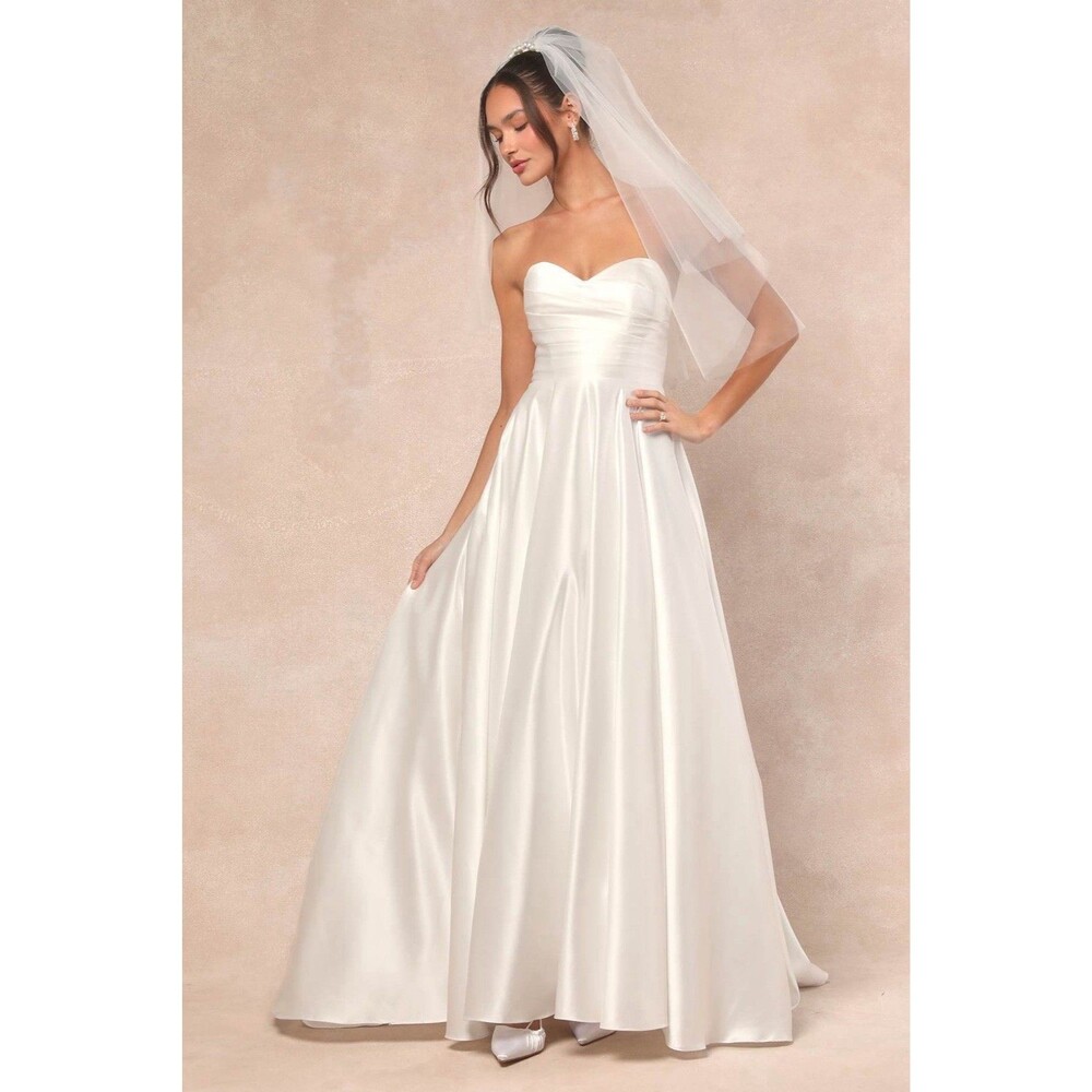 Lulus Khalida Wedding Dress White Satin Pleated Strapless Gown Size M NWT